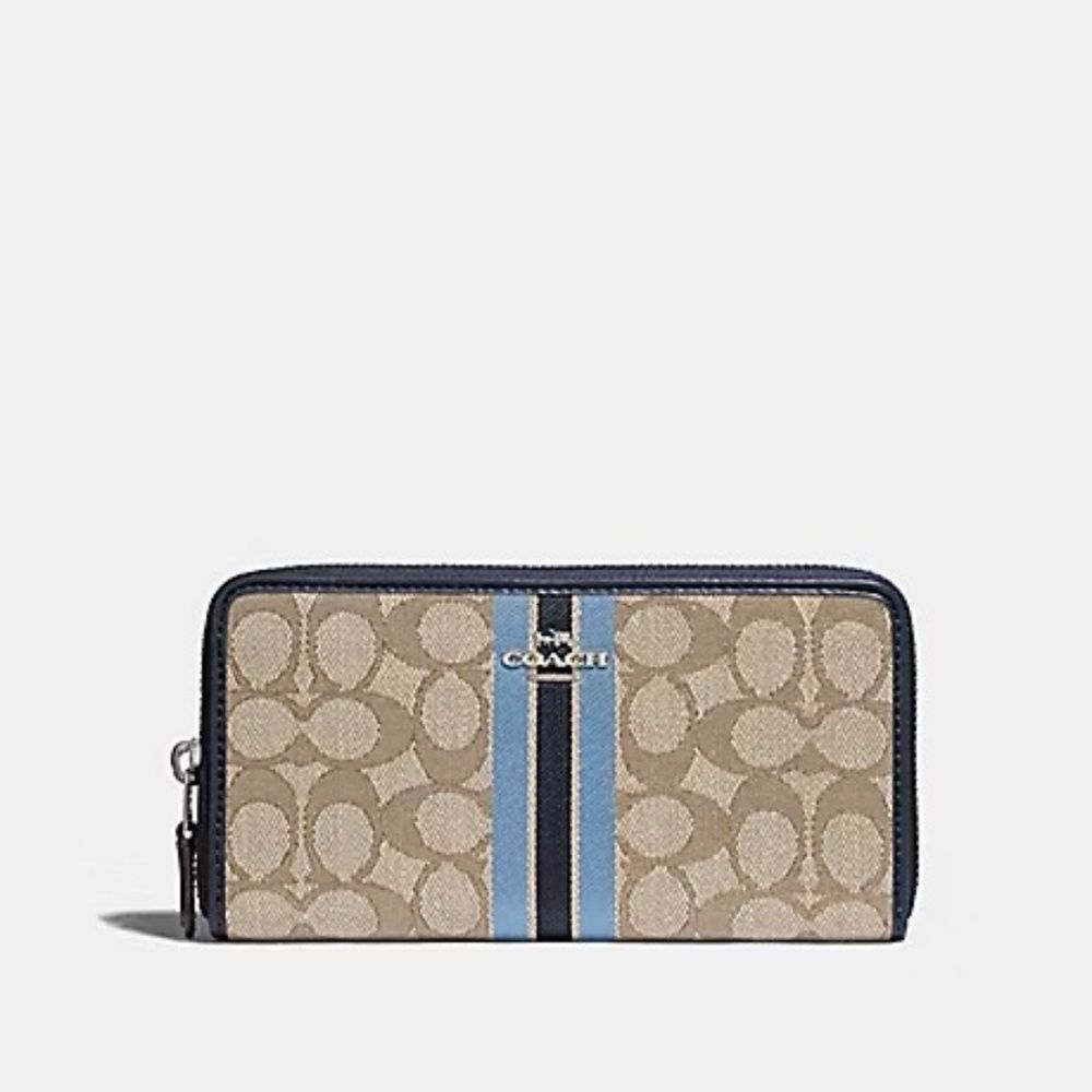 COACH ACCORDION ZIP WALLET KHAKI WITH BLUE JACQUARD STRIPE